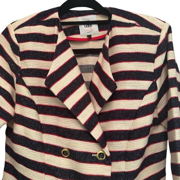 Cabi cream and navy striped blazer with red trim - Picture 2 of 8